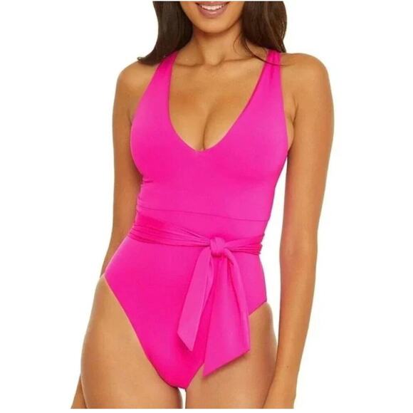 Becca by Rebecca Virtue Women's Pink Belted One Piece Suimsuit Medium NEW